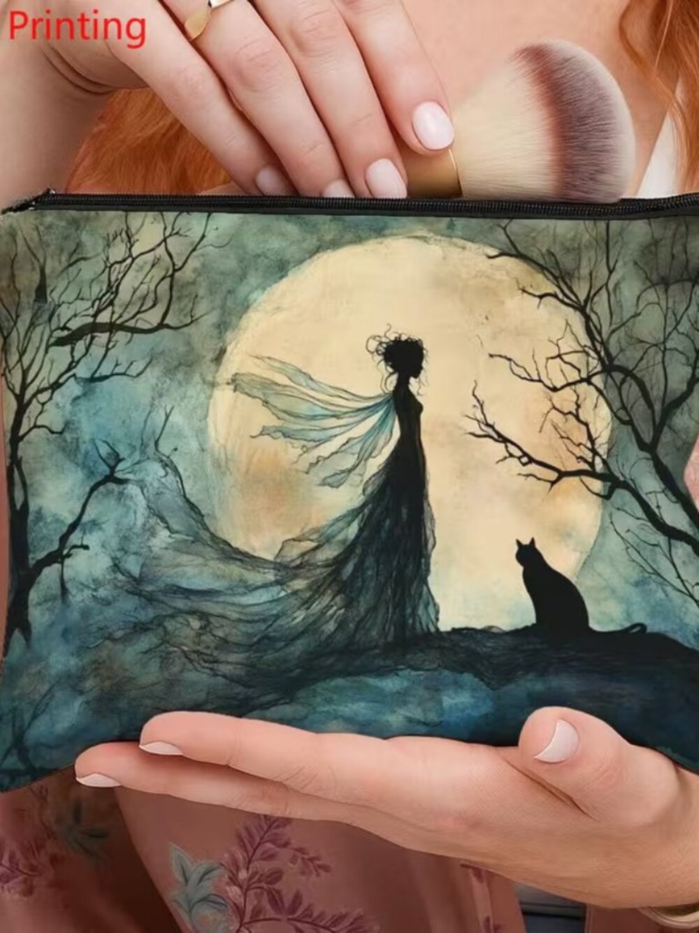 Halloween Dark Goth Moon Goddess & Cat Make Up Bag Double-Sided 7h" x 10"w